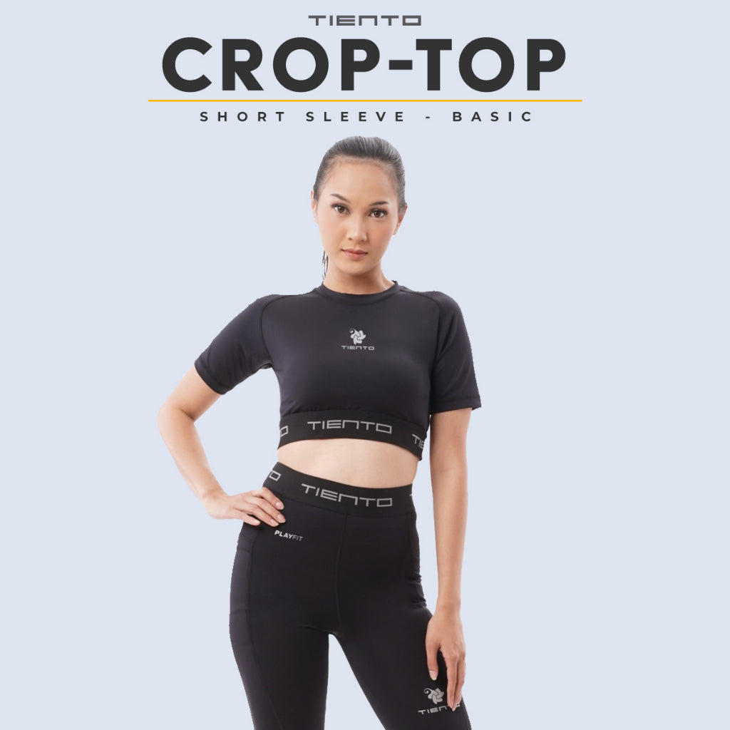Tiento Baselayer Sport Short Sleeve Crop Top Black Baju Olahraga Lengan Pendek Hitam Wanita